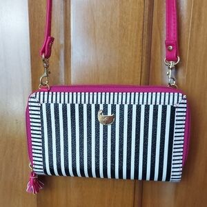 🎄• Buxton Wallet Black and White Striped Pink Trim Adjustable Strap, Like New